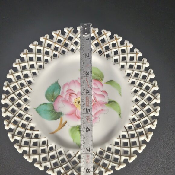Made In Occupied Japan Decorative Rossetti Pink Floral Plate Lattice Edge - Picture 9 of 10